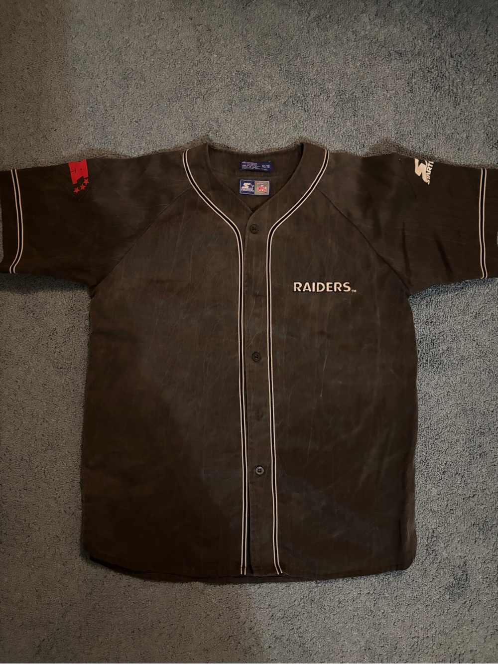STARTER Black Raiders Button Baseball Jersey with White Piping